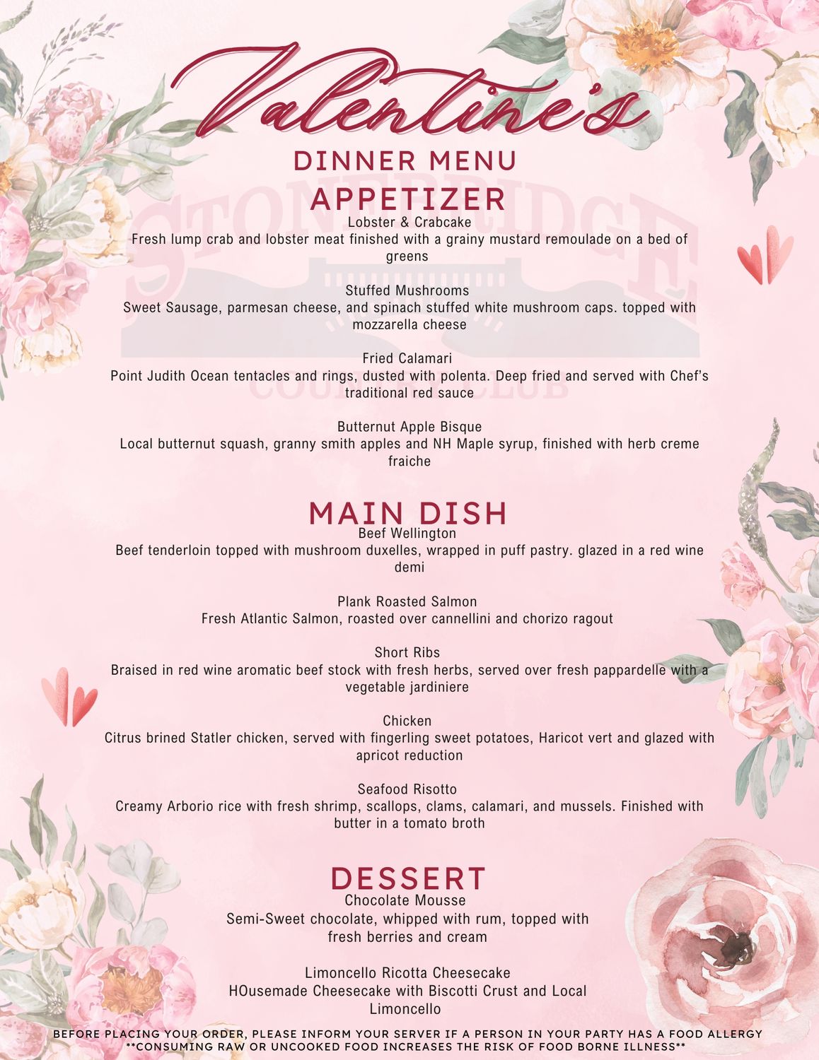 2025 Valentines Day Menu